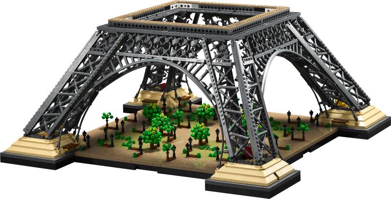 A close-up of the Lego Eiffel Tower base with a small buildable esplanade beneath it.