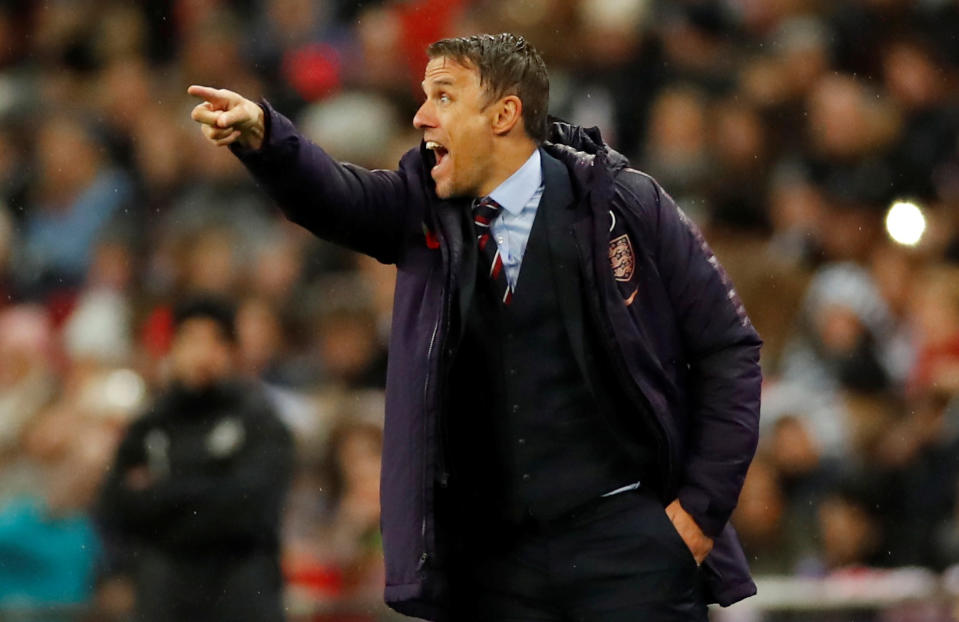 Soccer Football - Women's International Friendly - England v Germany - Wembley Stadium, London, Britain - November 9, 2019  England manager Phil Neville reacts  Action Images via Reuters/Andrew Boyers