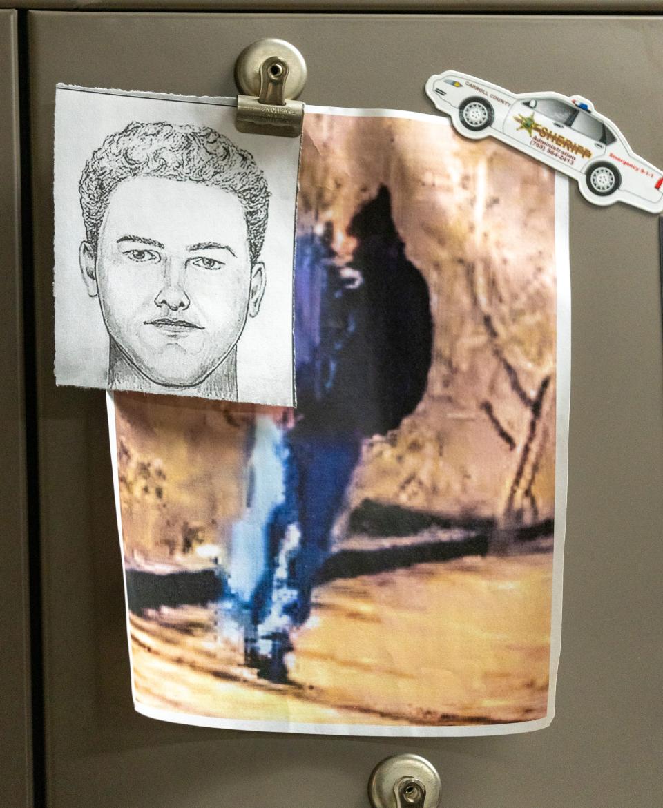 Grainy cell phone video footage and a sketch of a prime suspect in the murder of local Delphi girls Abigail Williams and Liberty German, on the office wall of Tobe Leazenby, Sheriff of Carroll County in this October 2022 file photo.