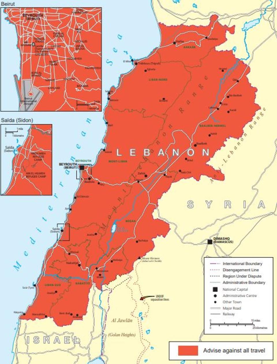 Foreign office map of Lebanon in relation to no-go areas (Foreign office)