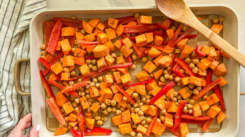 vegetables and chickpeas on pan