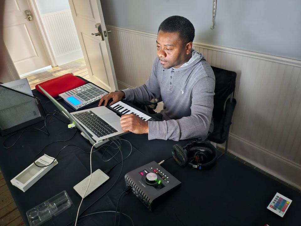 Audio engineer Adam W. Thomas works on his music licensing platform Bayou Soundtrack, Monday, May 13, in Downtown Thibodaux. Thomas plans to have the platform complete by the end of the 2024 year.