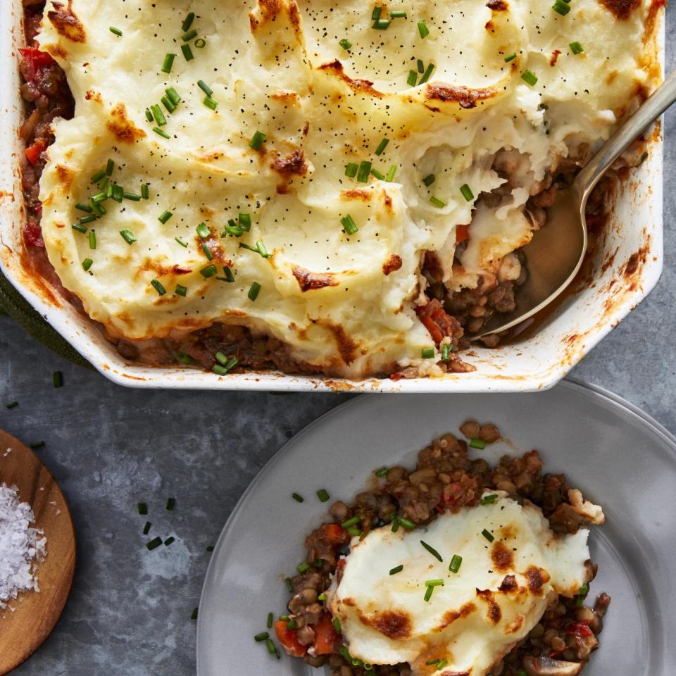 <p>Lentils take the place of ground meat and vegan butter adds creaminess to the mashed potatoes in this easy vegan shepherd's pie recipe. If you want to cut down on the cooking time, use precooked lentils and omit most of the vegetable broth, adding some in only if the mixture seems dry. <a href="https://www.eatingwell.com/recipe/277676/vegan-shepherds-pie/" rel="nofollow noopener" target="_blank" data-ylk="slk:View Recipe;elm:context_link;itc:0;sec:content-canvas" class="link ">View Recipe</a></p>