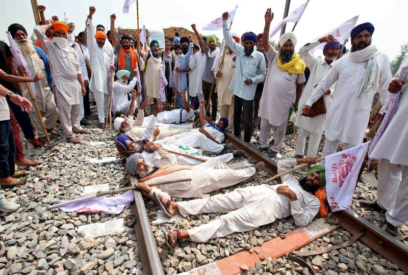 Protest against farm bills passed by India's parliament, in Devi Dasspura village