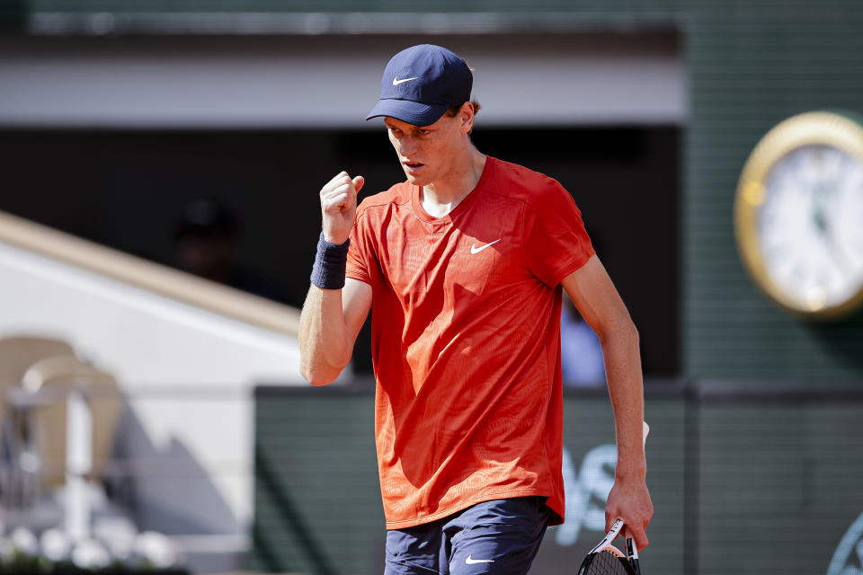 PARIS, FRANCE - JUNE 4: Jannik Sinner of Italy celebrates winning a match point against Grigor Dimitrov of Bulgaria during the Men's Single Quarter Finals of 2024 French Open - Day 10 at Roland Garros on June 4, 2024 in Paris, France. (Photo by Antonio Borga/Eurasia Sport Images/Getty Images)