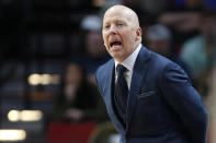 UCLA head coach Mick Cronin calls to his team during the first half of a first-round NCAA college basketball tournament game against Akron, Thursday, March 17, 2022, in Portland, Ore. (AP Photo/Craig Mitchelldyer)