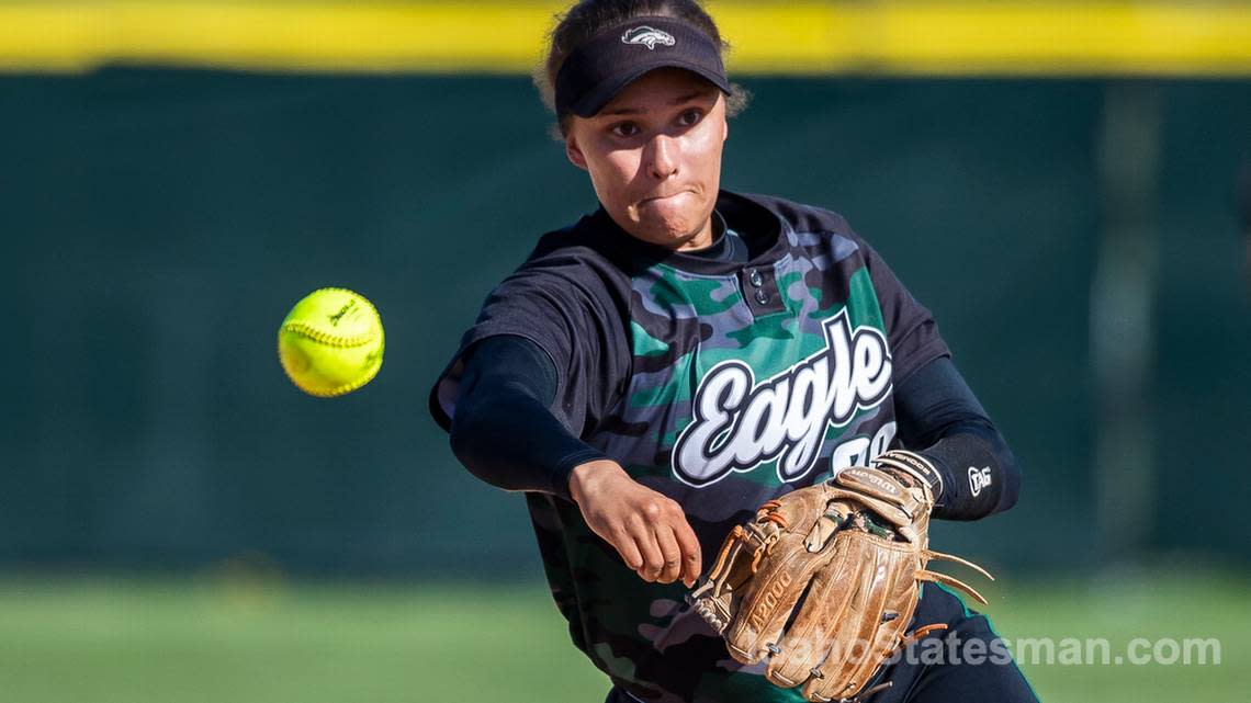 Eagle shortstop Sydney Groves fields an Owyhee ground ball for an out in the 5A District Three softball championship game May 13 at Borah High.