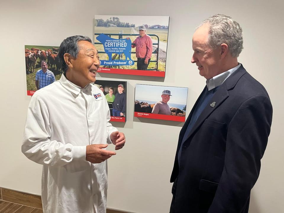 Judo Shibata, left, Japanese businessman, and Russ Mallard, president of Atlantic Beef Products.