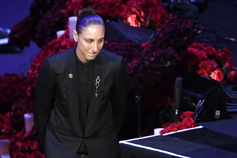 LOS ANGELES, CALIFORNIA - FEBRUARY 24: Diana Taurasi speaks during The Celebration of Life for Kobe & Gianna Bryant at Staples Center on February 24, 2020 in Los Angeles, California. (Photo by Kevork Djansezian/Getty Images)