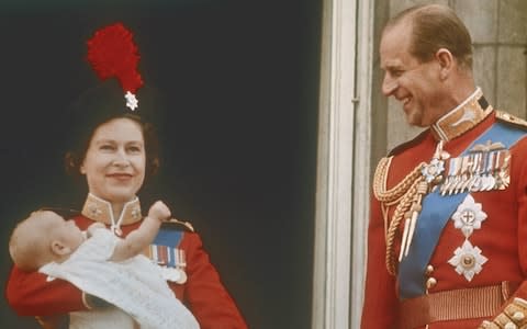 Queen Elizabeth, holding the infant Prince Edward, with Prince Philip, on the balcony at Buckingham Palace during the Trooping of the Colour, London, 13th June 1964 - Credit: Gamma-Keystone/Keystone-France