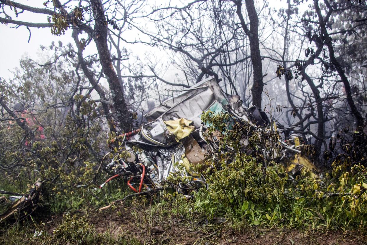 Wreckage of Iranian President Ebrahim Raisi's helicopter at the crash site on a mountain in the Varzaghan area, northwestern Iran