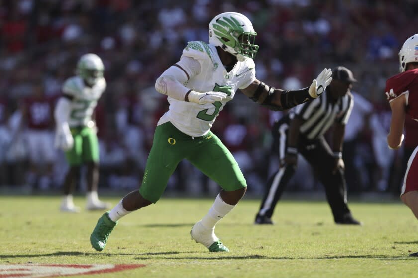 Oregon's Kayvon Thibodeaux (5) against Stanford during an NCAA college football game.