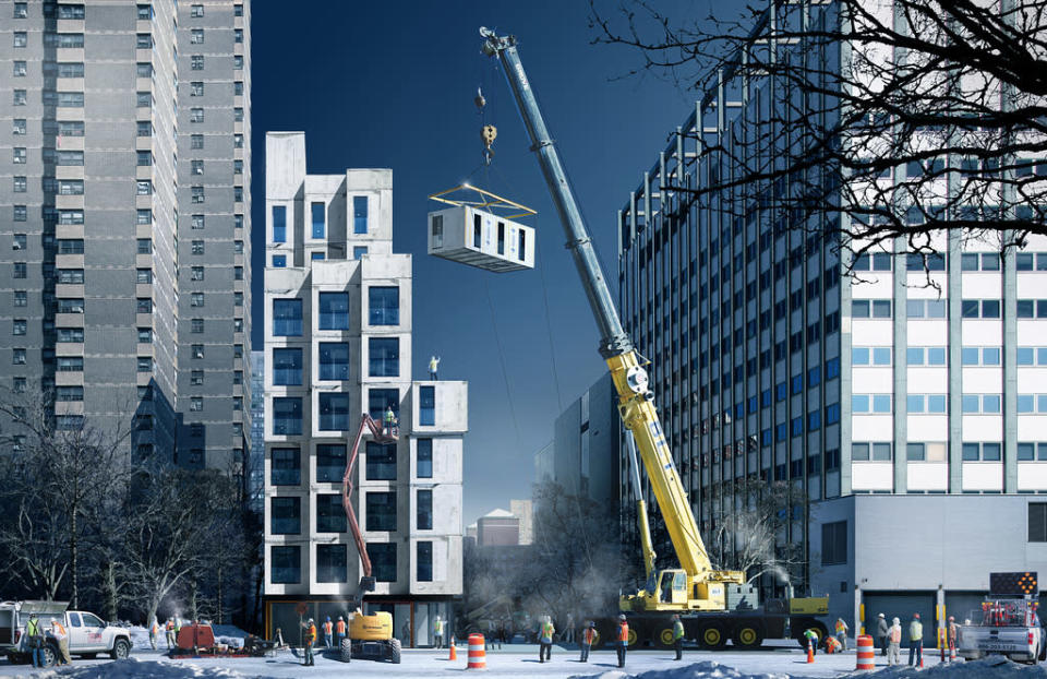 Building modules will be prefabricated at the Brooklyn Navy Yard and brought to the site, a city-owned lot at 335 East 27th Street in Manhattan. <a href="http://yhoo.it/11Pxt2K" rel="nofollow noopener" target="_blank" data-ylk="slk:Visit Yahoo! Homes Spaces blog to learn more about New York's micro-apartment building.;elm:context_link;itc:0;sec:content-canvas" class="link ">Visit Yahoo! Homes Spaces blog to learn more about New York's micro-apartment building.</a>