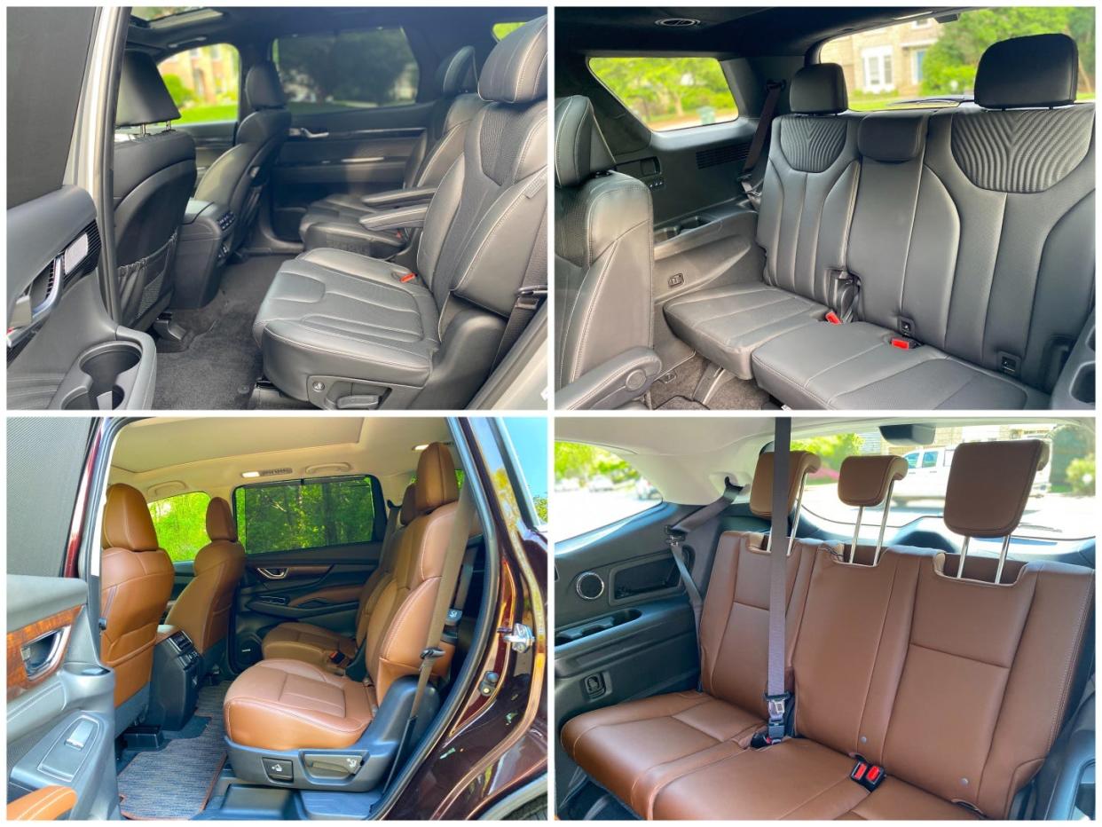 Two photos show the second-row captain's chairs and the third-row bench in a 2024 Hyundai Palisade and a 2024 Subaru Ascent.