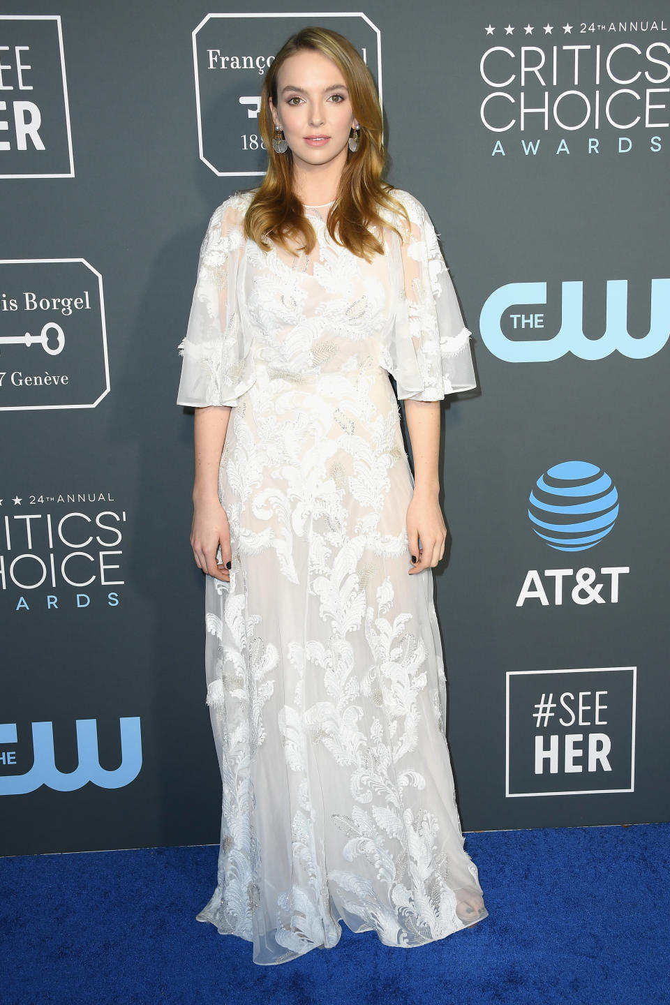 <p>The ‘Killing Eve’ actress looked miles away from her on-stage assasin character in a floaty Grecian gown by Zuhair Murad. <em>[Photo: Getty]</em> </p>