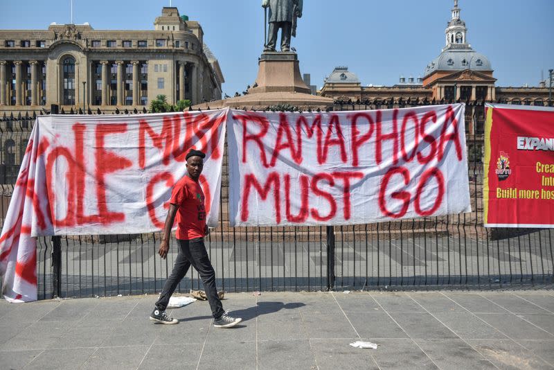 Members of Economic Freedom Fighters call for "National Shutdown" and resignation of President Ramaphosa in Pretoria