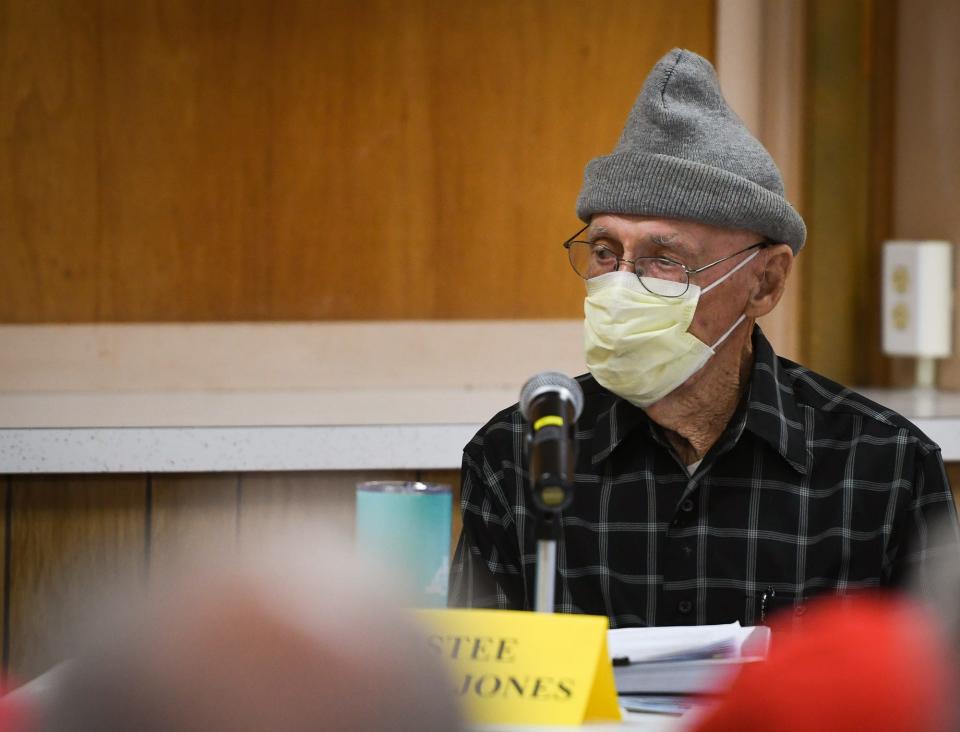 Eagle Township trustee Richard Jones pictured Thursday, May, 18, 2023, as a community member speaks out against the propsed megasite during a township meeting at the Eagle Township Hall.