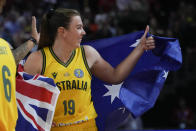 Australia's Sara Blicavs gestures to the stands after winning their bronze medal game at the women's Basketball World Cup against Canada in Sydney, Australia, Saturday, Oct. 1, 2022. (AP Photo/Mark Baker)