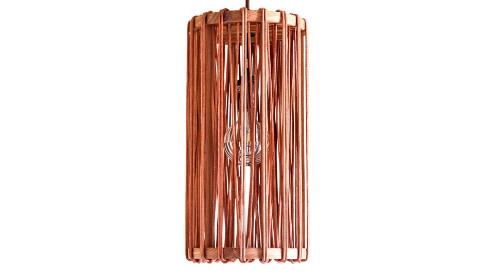 long pendant lamp with interwoven strings and a wooden frame with a light at center