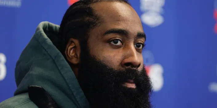 James Harden looks on at a 76ers press conference on February 15, 2022.