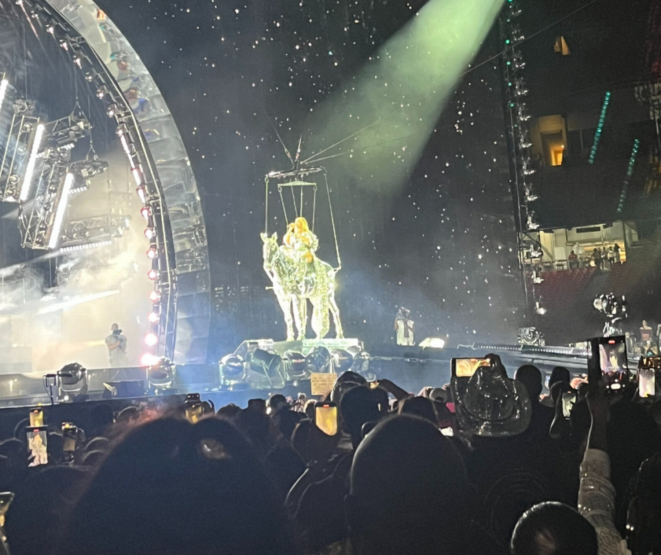 Toward the end of her concert, Beyoncé performed from atop a shimmering silver horse. (Note: While the tour allowed reporters into the venue, it did not allow The Star’s photographers.)