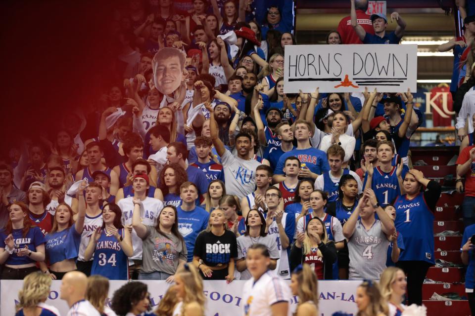 Kansas fans try their best to distract a Texas free throw attempt during the first half of Saturday's game inside Allen Fieldhouse.