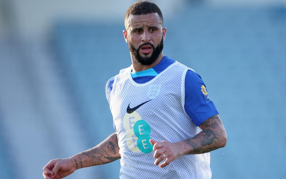 Kyle Walker of England reacts during the England training session at Al Wakrah Stadium on November 22, 2022 in Doha, Qatar - Eddie Keogh - The FA/The FA via Getty Images