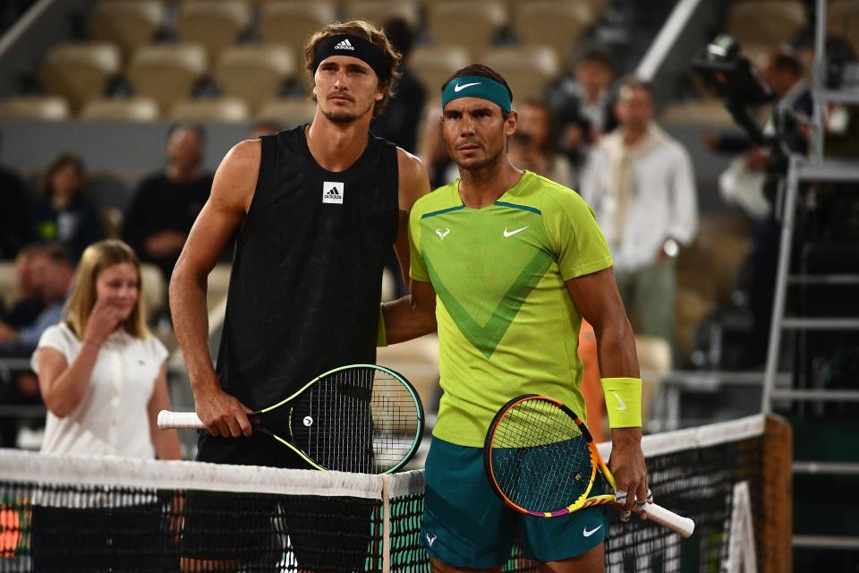 Germany's Alexander Zverev  (L) and Spain's Rafael Nadal pose prior to their men's semi-final match on day 13 of the Roland-Garros Open tennis tournament at the Court Philippe-Chatrier in Paris on June 3, 2022. (Photo by Christophe ARCHAMBAULT / AFP) (Photo by CHRISTOPHE ARCHAMBAULT/AFP via Getty Images)