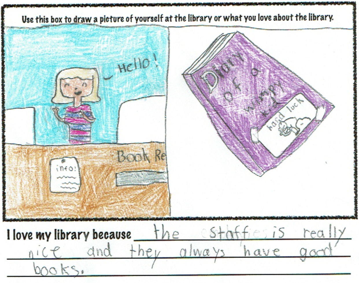 Audrey Soehnlen, daughter of Michael and Erica Soehnlen, illustrated her praise for the "really nice" library staff at the library where they "always have good books."