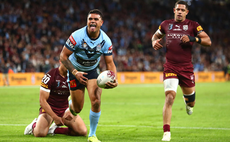Latrell Mitchell in action for NSW in State of Origin in 2021.