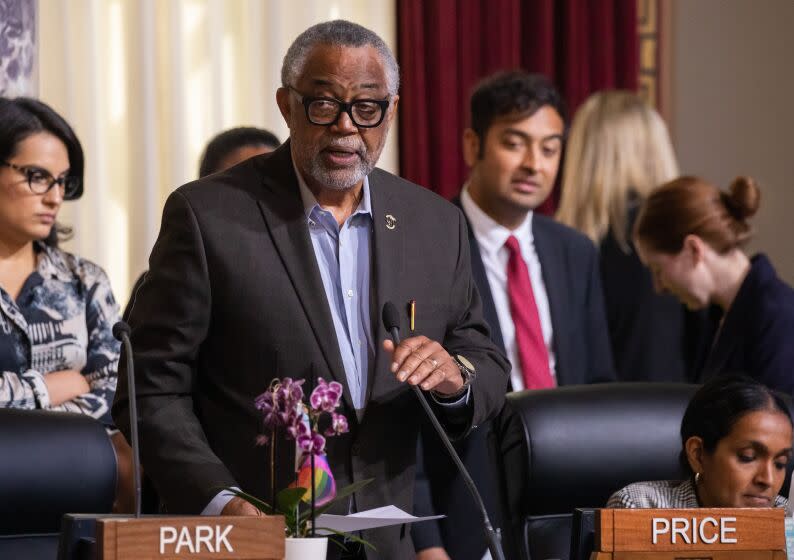 LOS ANGELES, CA - JUNE 13: Los Angeles City Councilmember Curren Price speaks during a Los Angeles city council meeting at City Hall in Los Angeles, CA on Tuesday, June 13, 2023. He faces criminal charges for a pay to play scheme. (Myung J. Chun / Los Angeles Times)