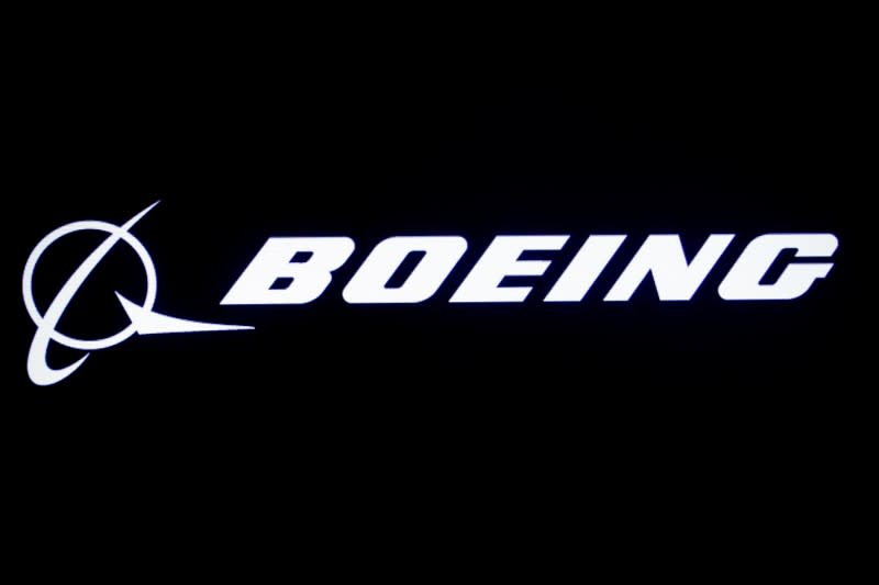 FILE PHOTO: The Boeing logo is displayed on a screen, at the NYSE in New York