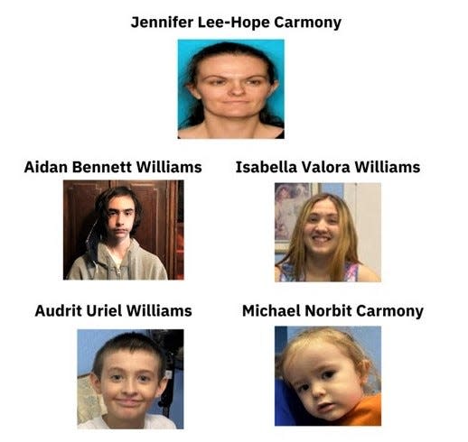 An El Paso mother, Jennifer Lee-Hope Carmony, and her four children, ages 4-16, who have been missing for weeks. An Amber Alert was issued for the family on Saturday.