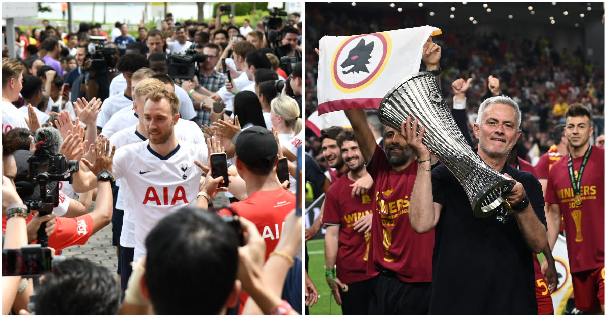 Tottenham Hotspur players greeting fans (left) when they last came to Singapore in 2019, and Roma manager Jose Mourinho (right) lifting the European Conference League trophy in 2022. (PHOTOS: AIA Singapore/Getty Images)