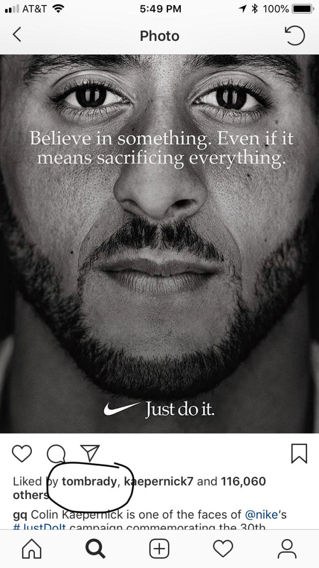 Sequía desierto abuela Tom Brady 'likes' Colin Kaepernick has face of new Nike campaign