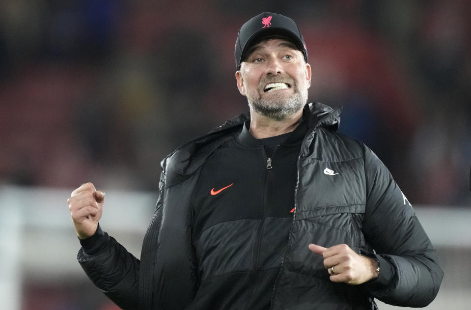 Liverpool's manager Jurgen Klopp celebrates at the end of the English Premier League soccer match between Southampton and Liverpool at St. Mary's Stadium in Southampton, England, Tuesday, May 17, 2022. (AP Photo/Frank Augstein)