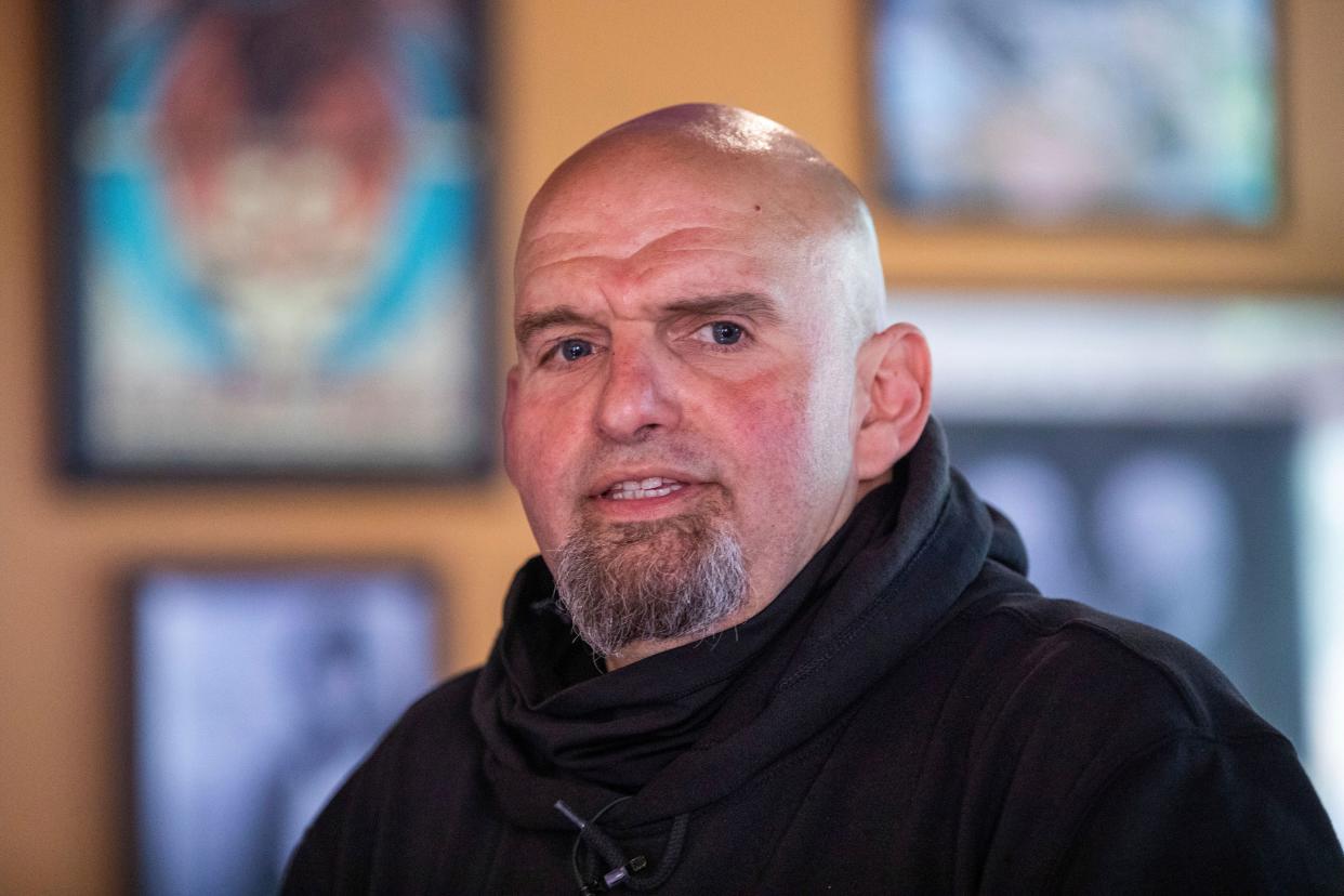 Pennsylvania Lt. Gov. John Fetterman speaks to supporters at the Holy Hound Tap Room in downtown York, Pa. on Thursday, May 12, 2022.