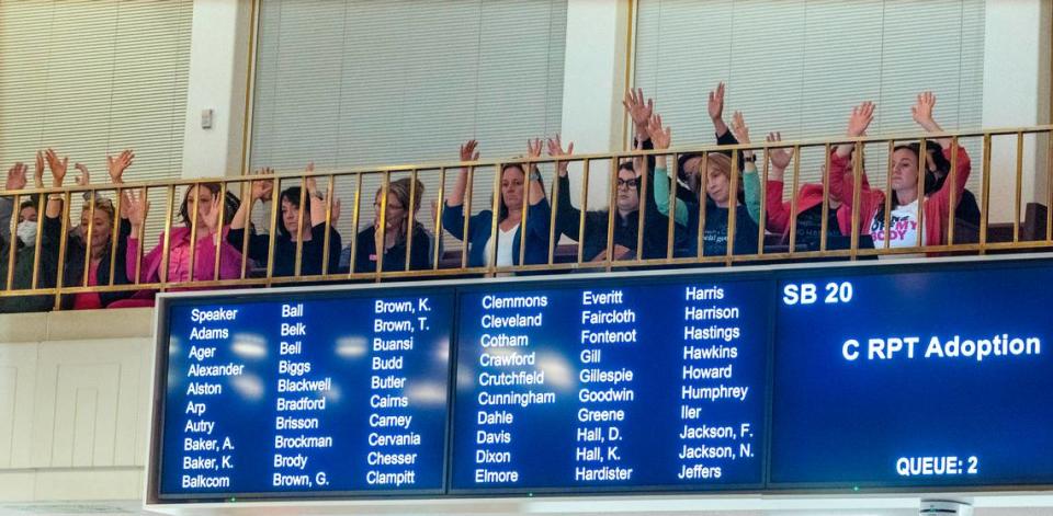 Demonstrators in the House gallery raise their hands in support of debate on the House floor on an abortion restriction bill at the North Carolina State Legislature. The House passed the bill.