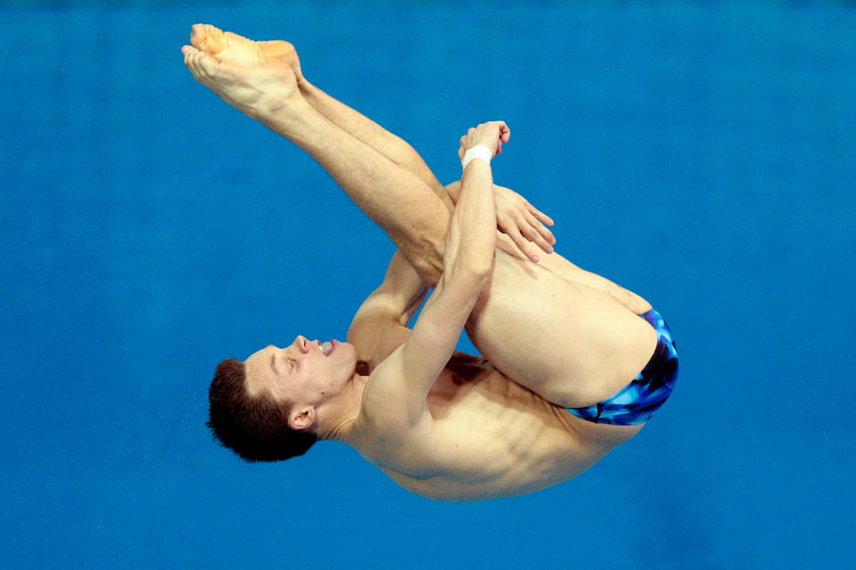LONDON, ENGLAND - AUGUST 07: Alexandre Despatie of Canada competes in the Men's 3m Springboard Diving Final on Day 11 of the London 2012 Olympic Games at the Aquatics Centre on August 7, 2012 in London, England. (Photo by Adam Pretty/Getty Images)