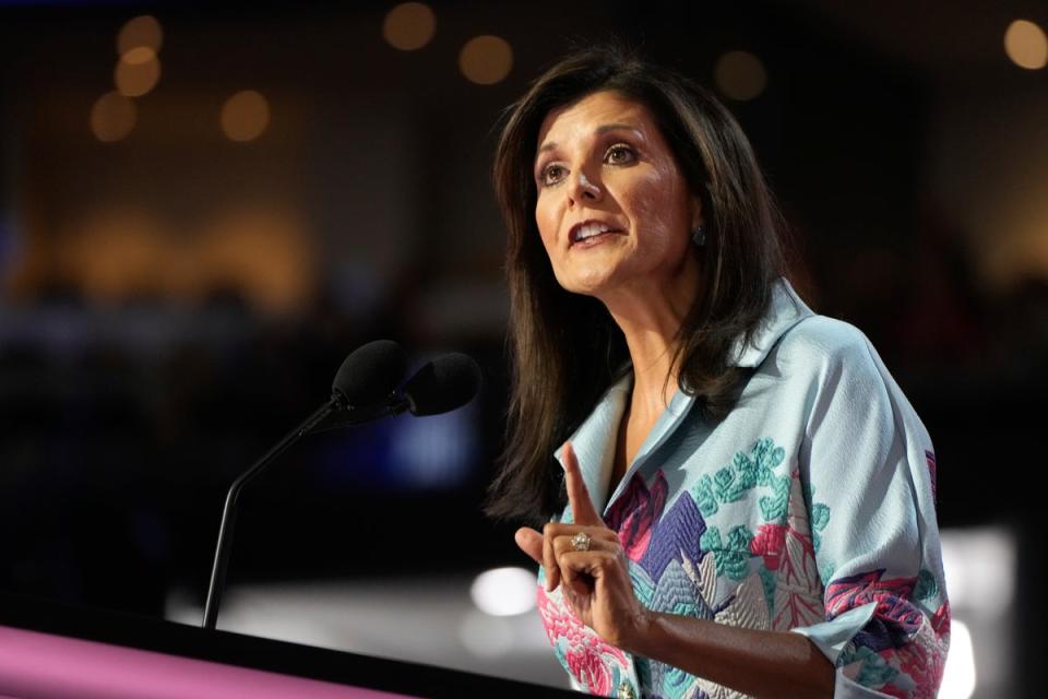 Former UN ambassador Nikki Haley speaks during the Republican National Convention in Milwaukee. Haley said Republicans attacking Vice President Kamala Harris as a “DEI” canddiate are “not helpful” to Trump’s 2024 campaign (AP)