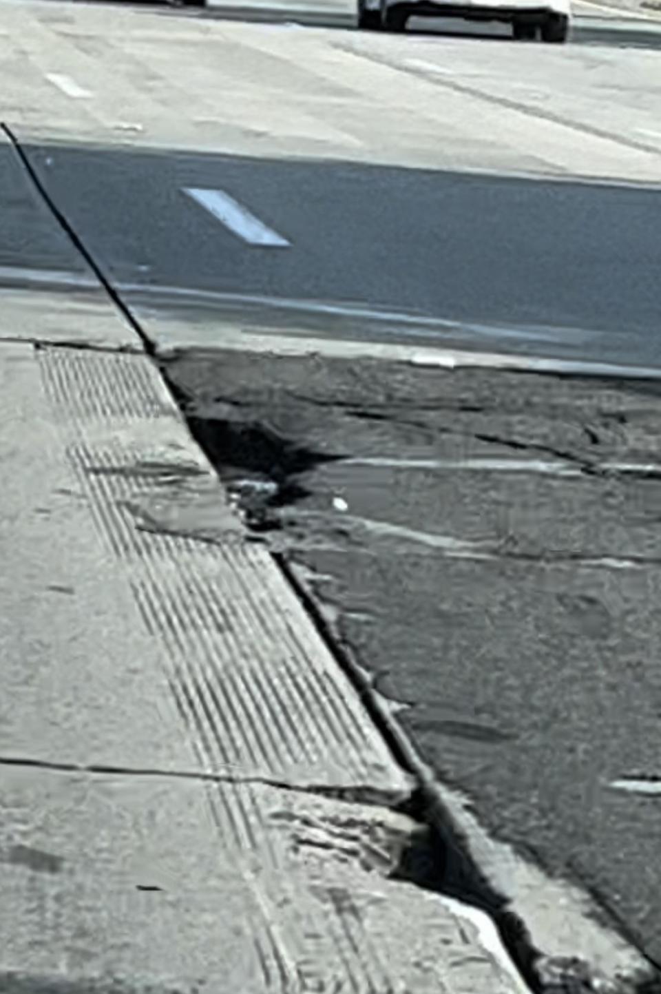 The pothole that Angie Rubin hit on the 101 South freeway in April 2022. / Credit: Angie Rubin