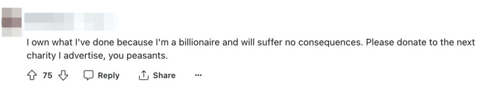 Social media screenshot of a user boasting about wealth and urging others to donate to charity in a condescending tone