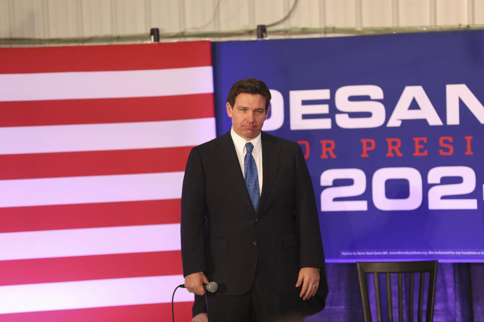 Republican presidential candidate Florida Gov. Ron DeSantis listens to a voter's question during a rally on Tuesday, Jan. 16, 2024, in Greenville, S.C. (AP Photo/Jeffrey Collins)