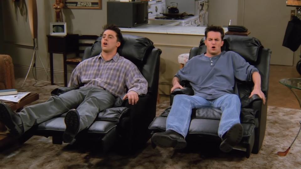 Joey and Chandler sitting on recliners in "Friends"