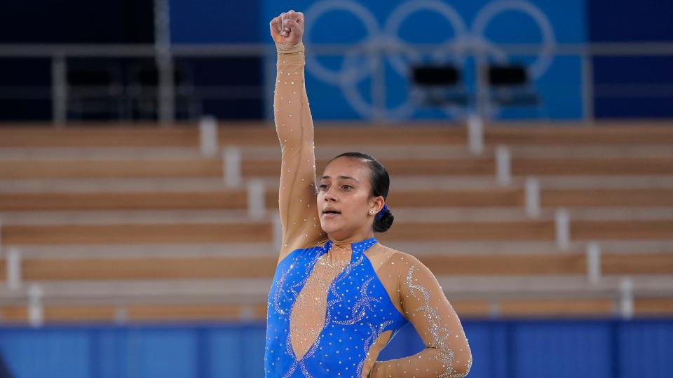 Luciana Alvarado of Costa Rica raises her first on the floor exercise during the women's artistic gymnastic qualifications at the 2020 Summer Olympics on July 25.