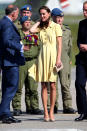 <p>Kate arrived in Calgary, Canada wearing a primrose yellow dress by Jenny Packham with her much-loved L.K. Bennett accessories.</p><p><i>[Photo: PA]</i></p>