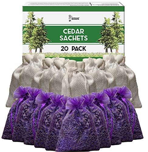 Cedar Chips and Lavender Sachets Home Fragrance Sachets (20 Pack) for Drawers and Closets. 10 Cedar Chip sachets and 10 Dried Lavendar Sachets with Long-Lasting Aroma