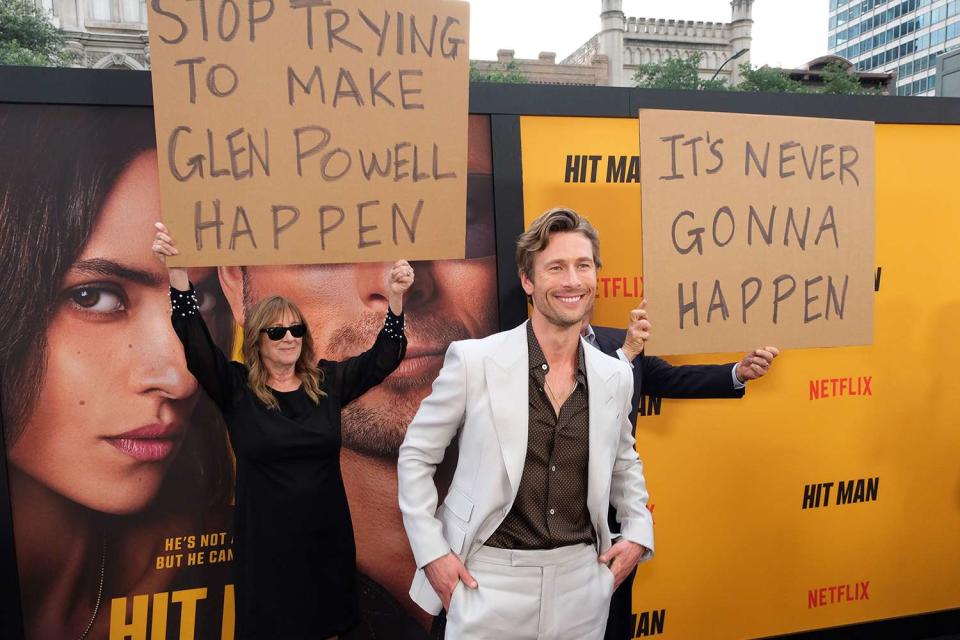 <p>Hubert Vestil/Getty Images</p> From Left: Cyndy Powell, Glen Powell and Glen Powell Sr.