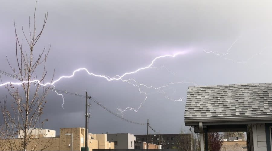 Lightning lights up the sky near South Broadway in Englewood on April 26, 2024. (Brooke Williams)