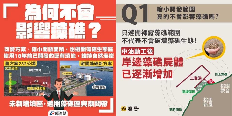 經濟部稱三接開發範圍已避開藻礁，時代力量po文駁斥這樣的說法。（翻攝自經濟部／時代力量臉書）